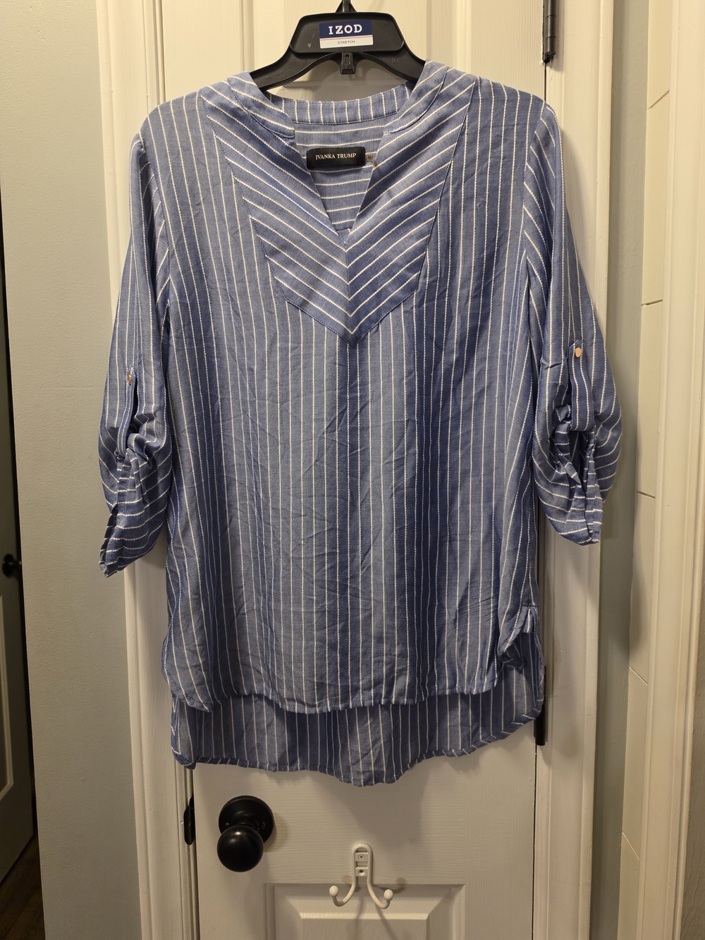 Ivanka Trump Light Blue and White Striped V-Neck Tunic